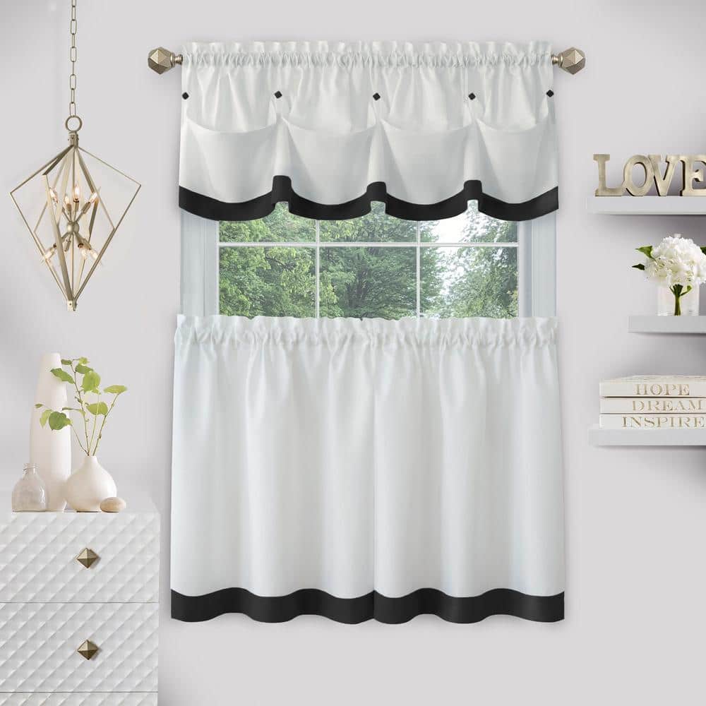 Black and White Polyester Kitchen Curtain Tier and Valance Set