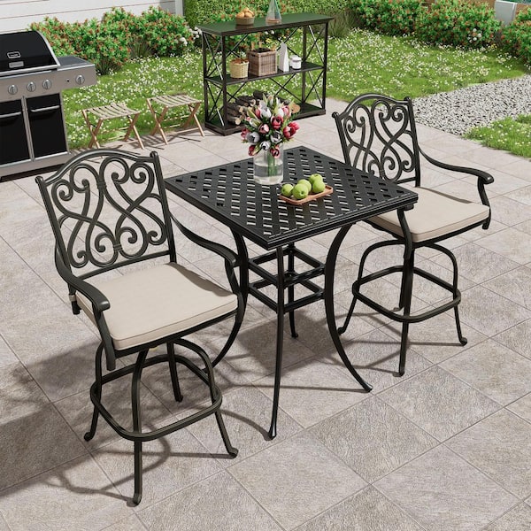 Black Cast Aluminum Outdoor Patio Retro Pattern Bar Height Swivel Dining Chair with Beige Cushion for Yard (2-Pack)
