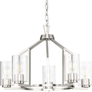 Goodwin 24 in. 5-Light Brushed Nickel Modern Farmhouse Chandelier with Clear Glass Shade