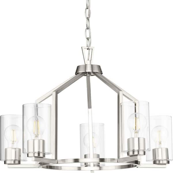 Progress Lighting Goodwin 24 in. 5-Light Brushed Nickel Modern Farmhouse Chandelier with Clear Glass Shade