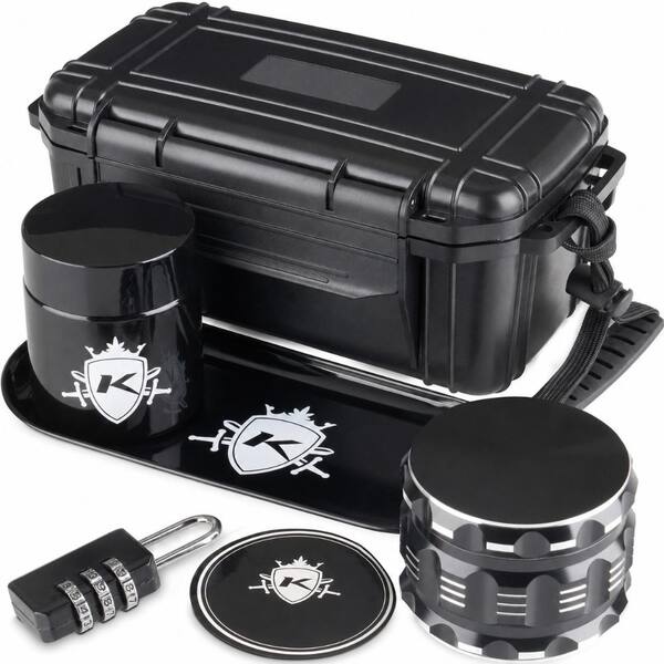 Premium Black Bamboo Storage Box with Built-In Lock, Original Grinders, Tray and UV Protective Jar Rack