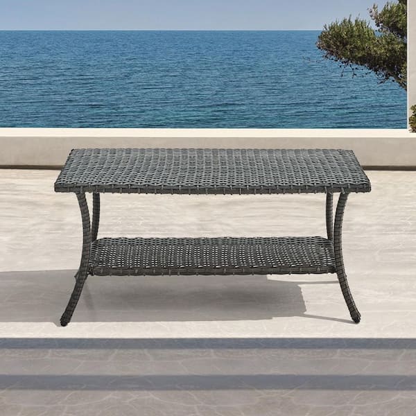 Meina Gray Rectangular Wicker Outdoor Coffee Table with Lower Wicker Storage Shelf