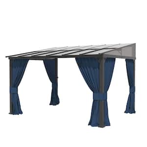10 ft. x 12 ft. Brown Hardtop Wall Mounted Gazebo with Sloping Pitched Roof and Curtain Navy Blue