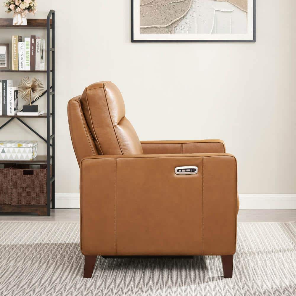 Cognac Genuine Leather Zero Gravity Recliner with Wood Frame
