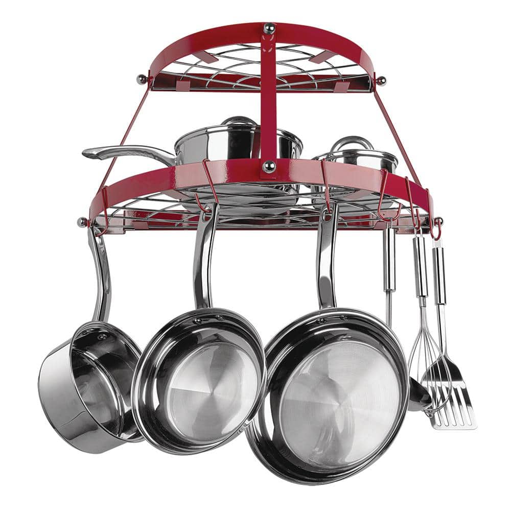 Red Enameled Double Shelf Wall Mounted Pot Rack