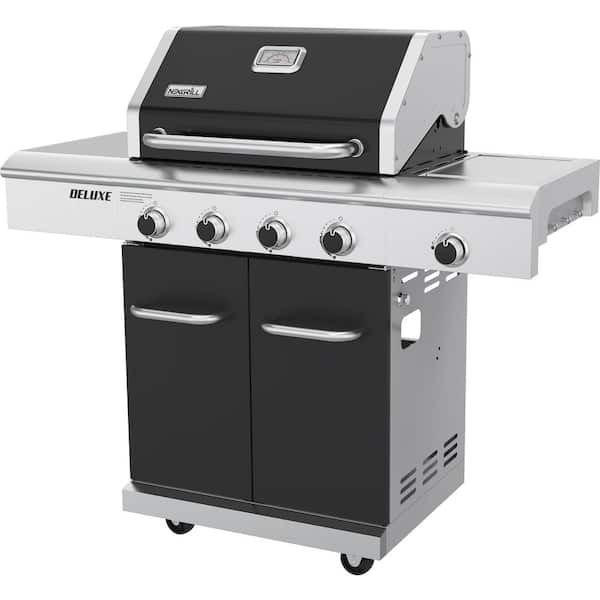 Deluxe 4-Burner Dual Fuel Gas Grill with Gourmet Plus Griddle Insert and Side Burner in Black