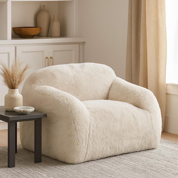 Benjara Natural White Faux Fur Polyester Accent Lounging Arm Chair