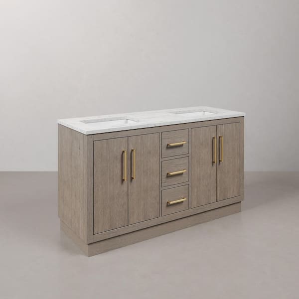 Hugo 60 in. W x 22 in. D Bath Vanity in Grey Oak with Marble Vanity Top in White with White Basin