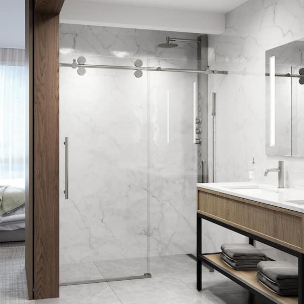 Elan 56 to 60 in. W x 74 in. H Frameless Sliding Shower Door with Laminated Glass and Handle in Stainless Steel