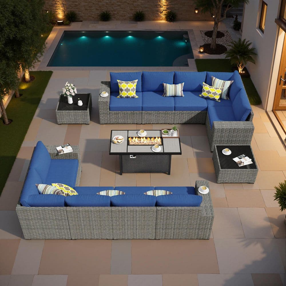 Aestheticism 13-Pieces Wicker Outdoor Patio Rectangular Iron Fire Pit Set with Navy Blue Cushions