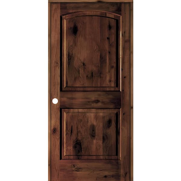 Krosswood Doors 30 in. x 80 in. Rustic Knotty Alder 2-Panel Right Handed Red Mahogany Stain Wood Single Prehung Interior Door w/Arch Top