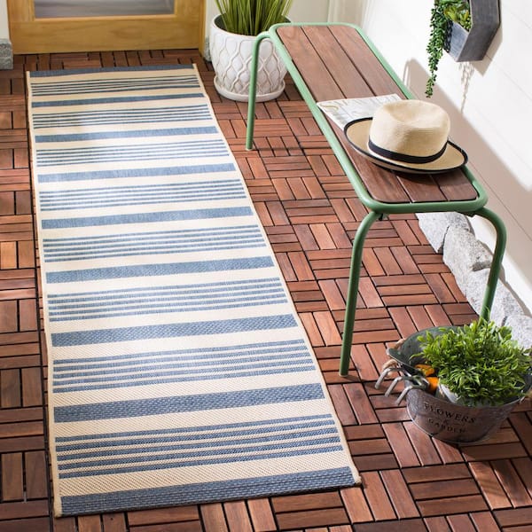 Courtyard Beige/Blue 2 ft. x 12 ft. Striped Indoor/Outdoor Patio  Runner Rug