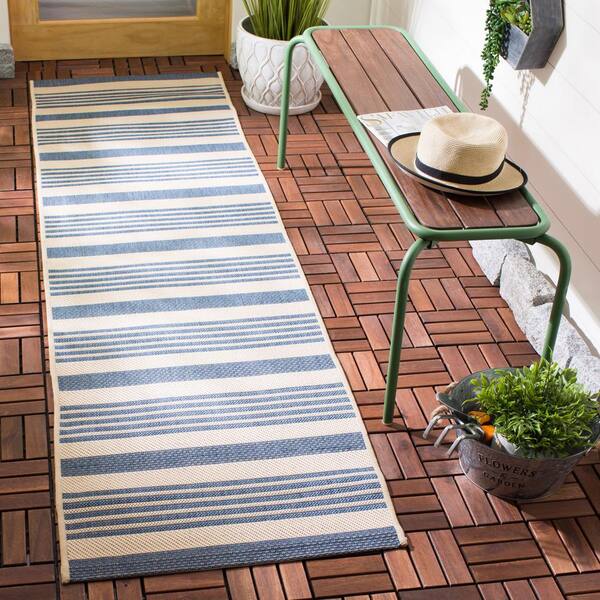 Courtyard Beige/Blue 2 ft. x 5 ft. Striped Indoor/Outdoor Runner Rug