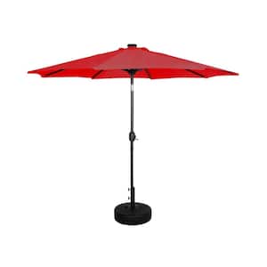 Marina 9 ft. Solar LED Market Patio Umbrella with Black Round Free Standing Base in Red