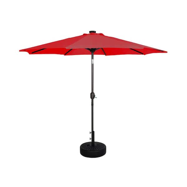 WESTIN OUTDOOR Marina 9 ft. Solar LED Market Patio Umbrella with Black Round Free Standing Base in Red