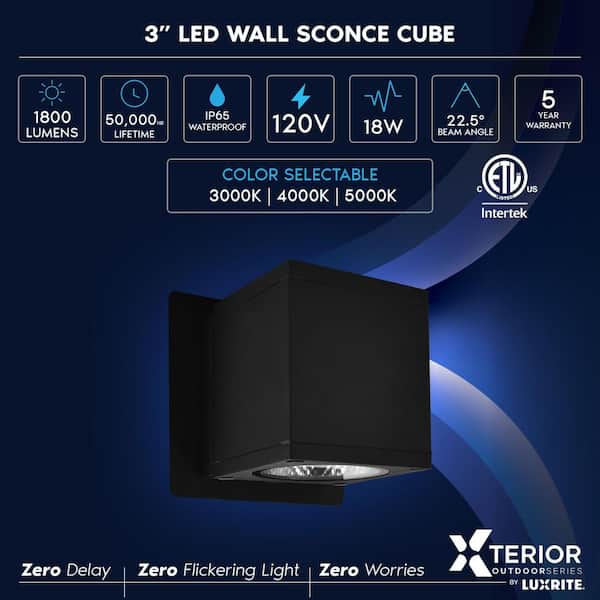 3 in. Black Outdoor LED Up-Down Cube Wall Sconce Light 3CCT 3000K-5000K 18-Watt ETL Listed IP65 Waterproof