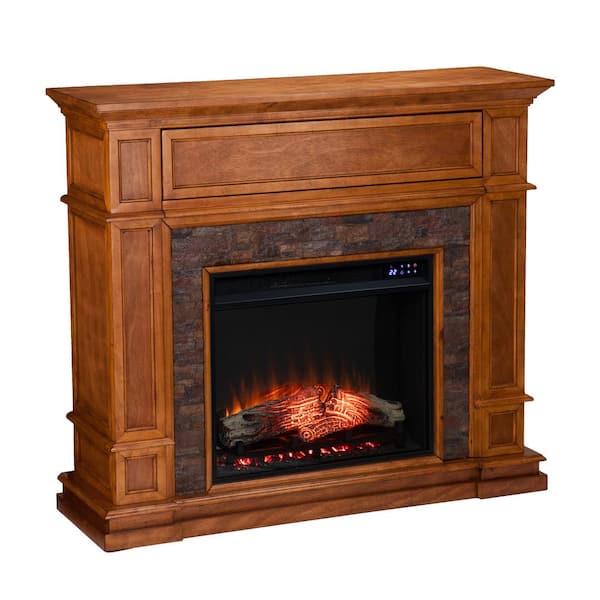 Southern Enterprises Layton 45.5 in. Touch Panel Electric Fireplace in Sienna Finish w/Faux Patterned Stone