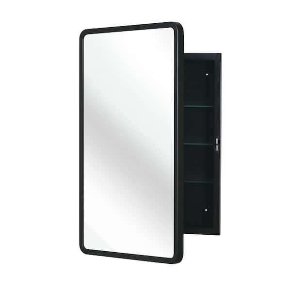 16 in. W x 24 in. H Rectangular Iron Medicine Cabinet with Mirror in Black, Left Open