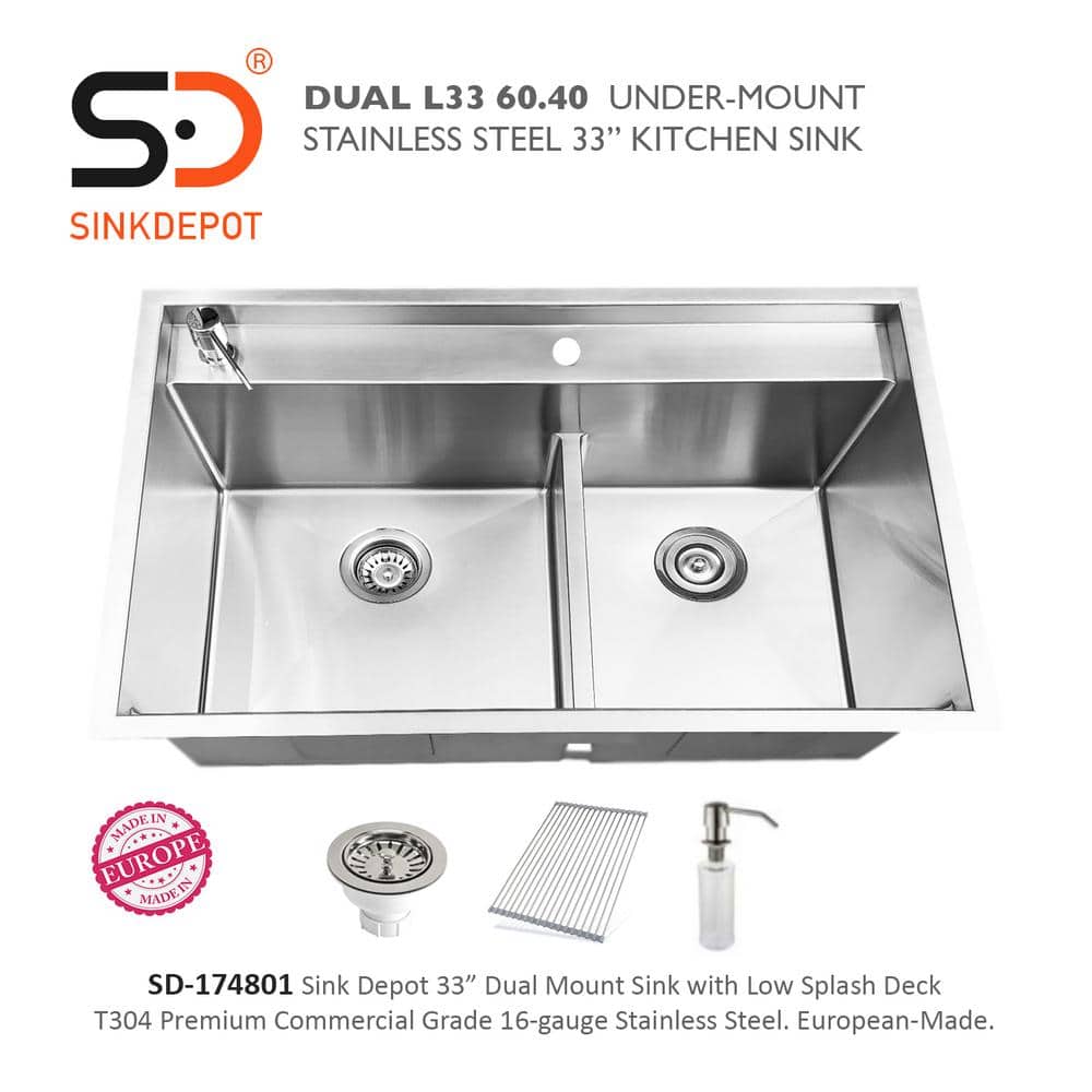 33'' Satin Stainless Steel Double Bowl Drop-in Kitchen Sink