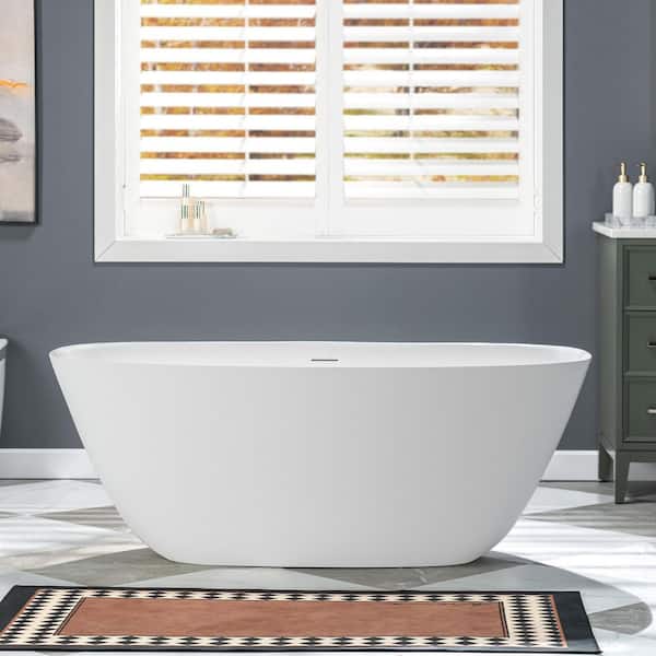 59 in. L x 32.63 in. W Luxury Solid Surface Stone Resin Freestanding Soaking Bathtub with Center Drain in Matte White