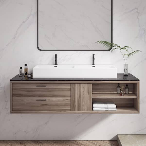 48 in. Turner Crisp White Vitreous China Wall-Mounted Bathroom Double Vessel Sinks with Faucet Hole, for on Countertop