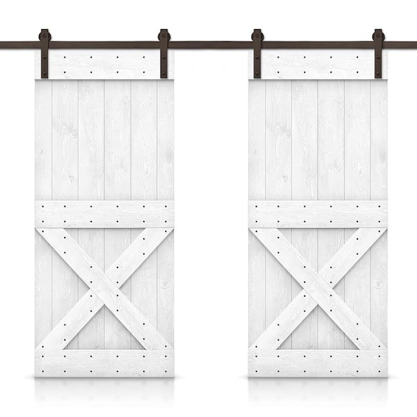 CALHOME Mini X 48 in. x 84 in. White Stained DIY Solid Pine Wood Interior Double Sliding Barn Door with Hardware Kit
