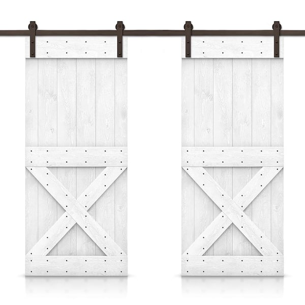 CALHOME Mini X 52 in. x 84 in. White Stained DIY Solid Pine Wood Interior Double Sliding Barn Door with Hardware Kit