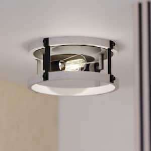 Danvers 13 in. W Black and Weathered Gray Farmhouse Flush Mount Cage Ceiling Light Fixture
