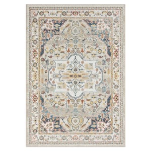 Iviana Ivory/Multicolor 2 ft. 8 in. x 8 ft. Contemporary Power-Loomed Border Rectangle Area Rug