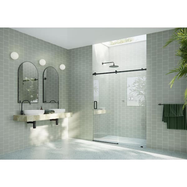 Glass Warehouse 56 in. W x 78 in. H Sliding Frameless Shower Door with Square Hardware in Matte Black