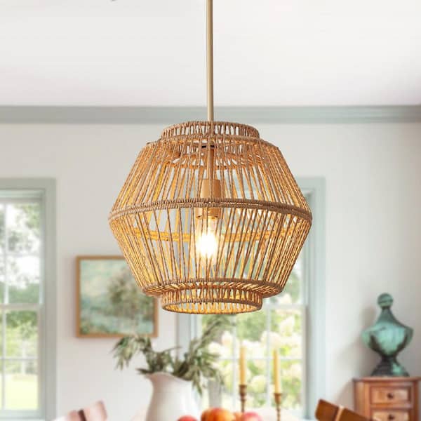 1-Light 12.6 in. W Brass Globe Pendant Light with Hand-woven Natural Rattan Bohemian Shade, No Bulbs Included