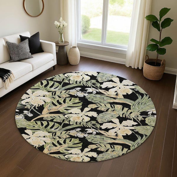 Mayfield Premium Machine Washable Abstract AMF1708 Black 8 ft. x 8 ft. Round Rug