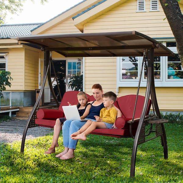 LuckByte 3-Seat Black Steel Patio Freestanding Porch Swing Bench