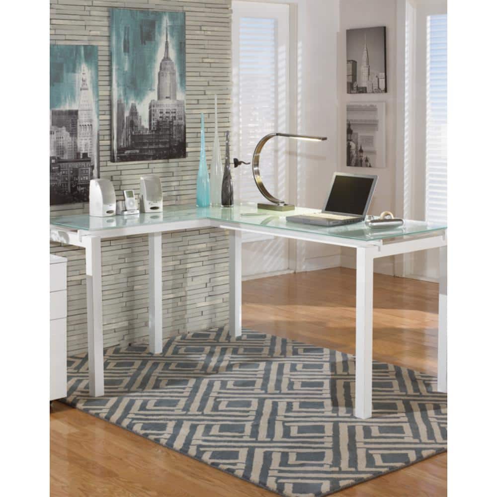 Modern White Corner Home Office Desk with Glass Top and Drawer