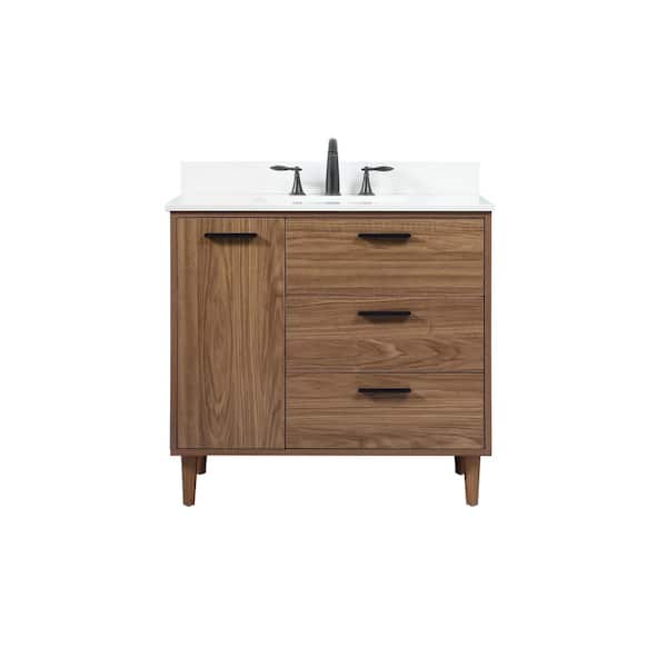 Unbranded Simply Living 36 in. W x 22 in. D x 34 in. H Bath Vanity in Walnut Brown with Ivory White Engineered Marble Top