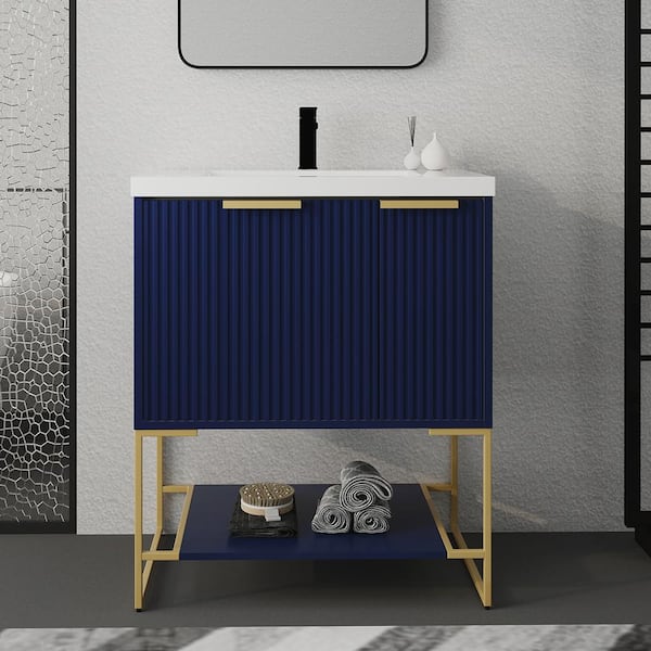 Staykiwi 30 in. W x 18 in. D x 35 in. H Freestanding Bath Vanity Set in Navy Blue with Resin Vanity Top and White Basin