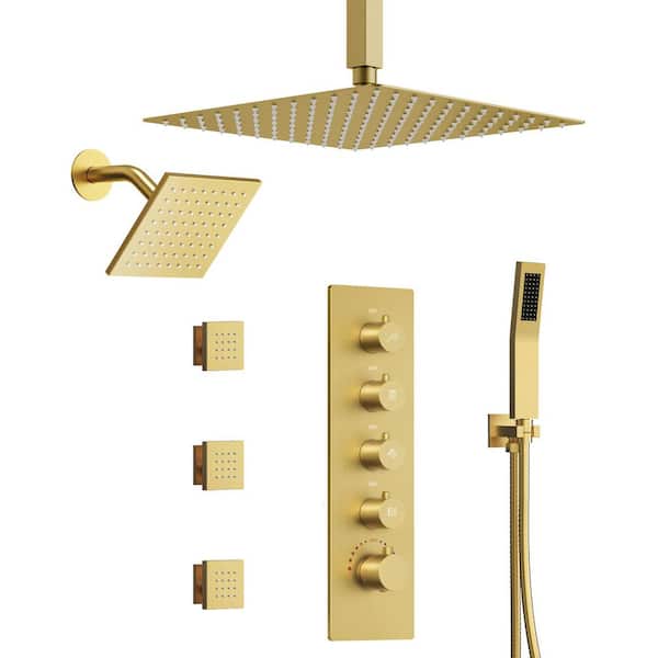 5-Handles Thermostatic Valve 15-Spray 2. 5GPM Ceiling Mount Dual Shower Head and Handheld Shower in Brushed Gold