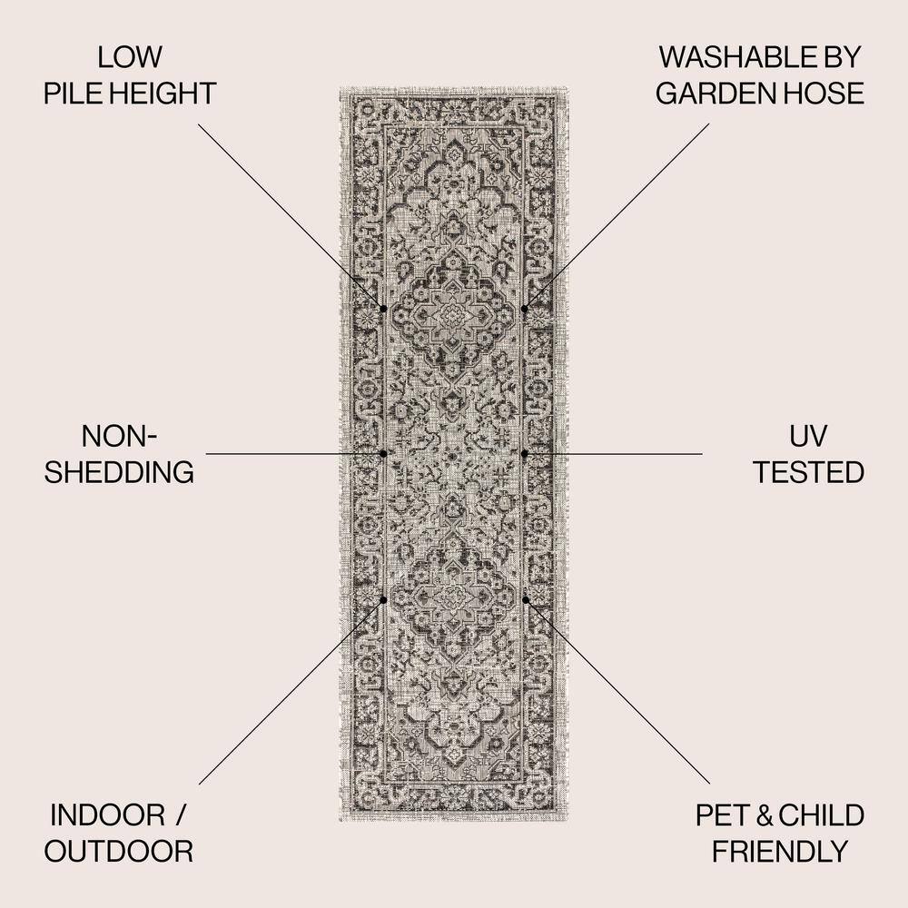 Rozetta Boho Medallion Gray/Black Synthetic Indoor/Outdoor Runner Rug - 2x8