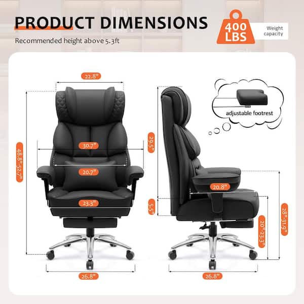 PU Leather Cushioned Ergonomic Office Chair in Black with Adjustable Armrests, Backrest and Retractable Footrest