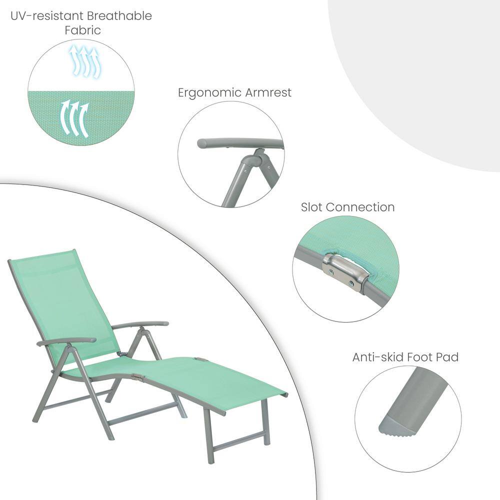Green Aluminum Outdoor Folding Chaise Lounge and Table Set
