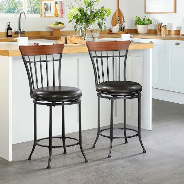 Lazzara Bossa 24 in. Black Metal Swivel Counter Height Chair with Brown Faux Leather Seat