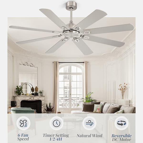 62 in. Brushed Nickel Indoor 6-Speed Modern Quiet Downrod Mount Ceiling Fan No Lights with Dual-Finish Blades and Remote