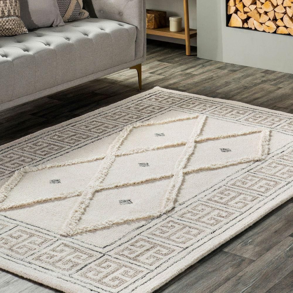Ivory Geometric Tufted Wool 5x8 Area Rug