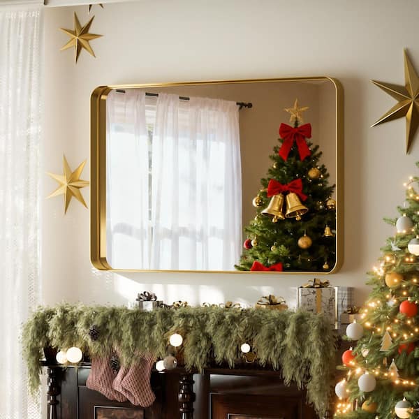 XRAMFY 29.5 in. W x 39.4 in. H Rectangular Modern Aluminum Deep Framed Rounded Gold Wall Mirror