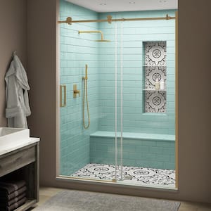 Coraline XL 44 - 48 in. x 80 in. Frameless Sliding Shower Door with StarCast Clear Glass in Brushed Gold Left Hand