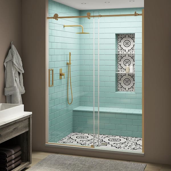 Aston Coraline Xl 56 60 In X 80 In Frameless Sliding Shower Door With Starcast Clear Glass In Brushed Gold Left Hand Sdr984ez Uc Bg 6080 L The Home Depot