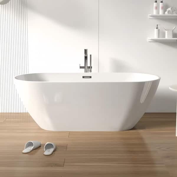 60 in. x 29 in. Acrylic Flatbottom Freestanding Soaking Bathtub in White