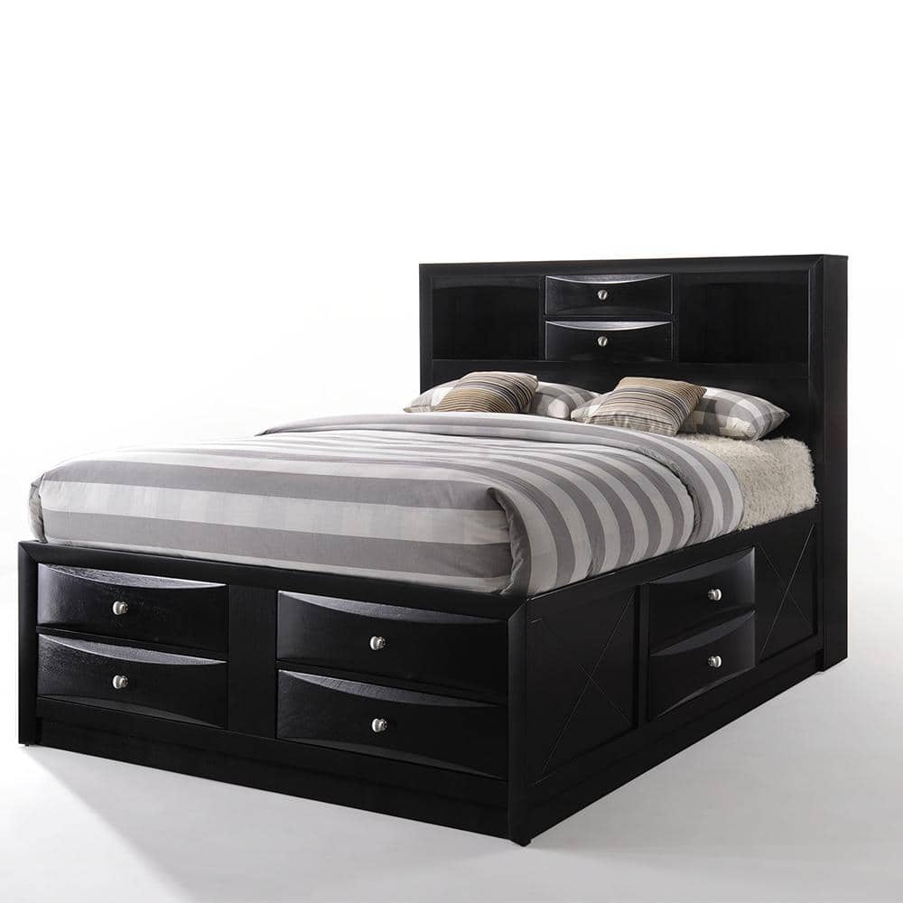 Elegant Full Double Captain's Bed with Upholstered Headboard and 8 Storage Drawers in Black