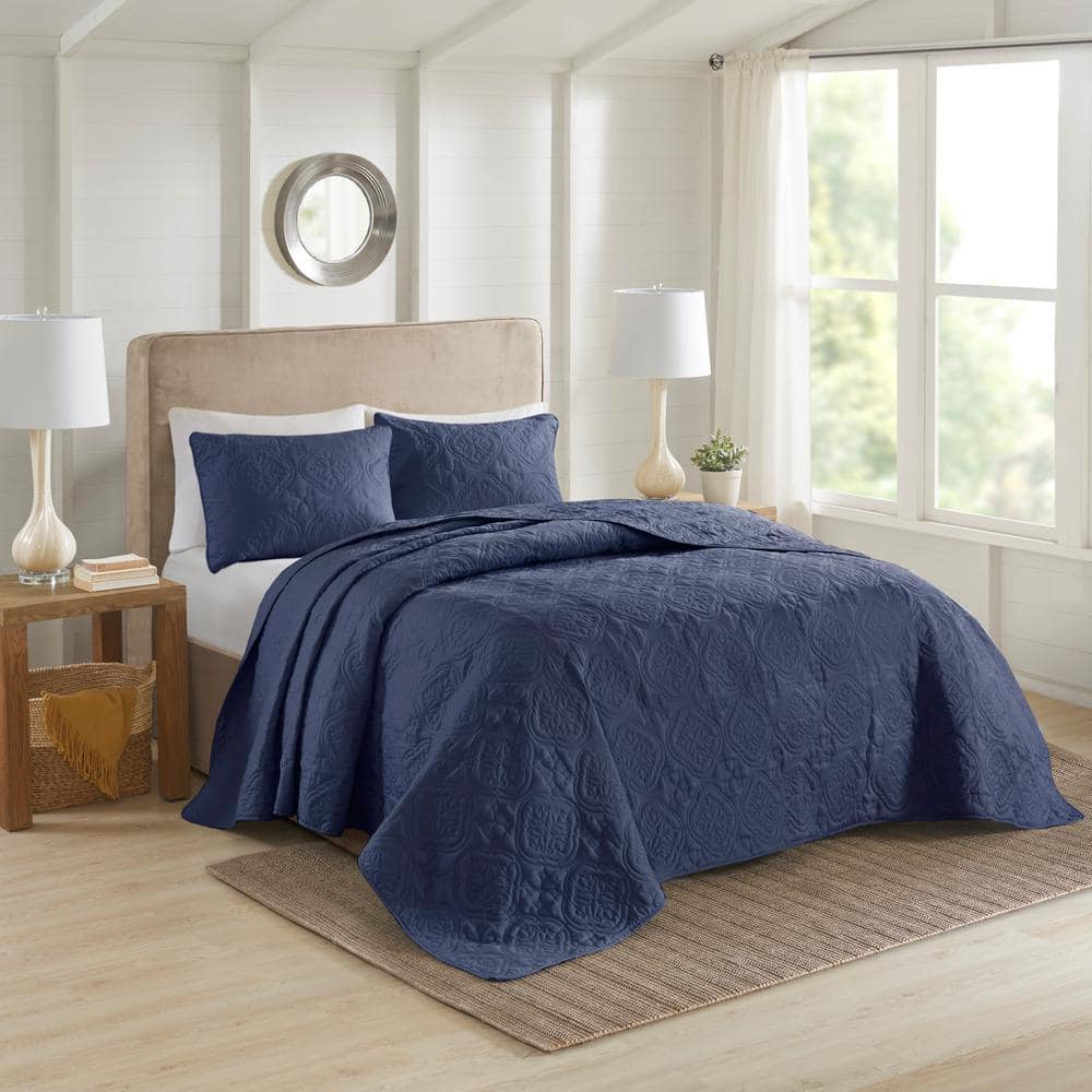 Navy King-Size Reversible Microfiber Bedspread Set with Classic Stitch