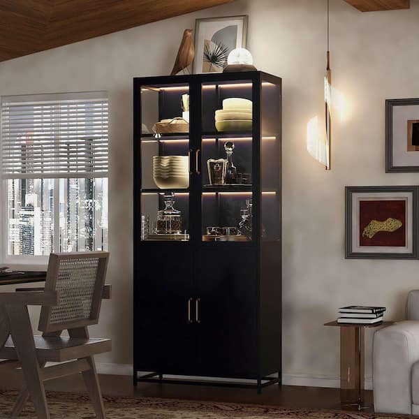 Black 76.75 in. Accent Cabinet, Pantry Cabinet with Glass Doors and LED Lights, 3-Sided Glass
